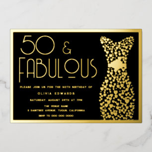 50 & Fantastisch! Goldenes Kleid & Schwarze 50. Ge Folieneinladung