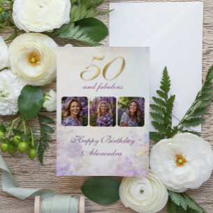 50 & Fantastisch Vintage Lila Gold Blumen Geburtst Karte