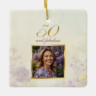 50 & Fantastisch Vintage Lila Gold Blumen Geburtst Keramikornament