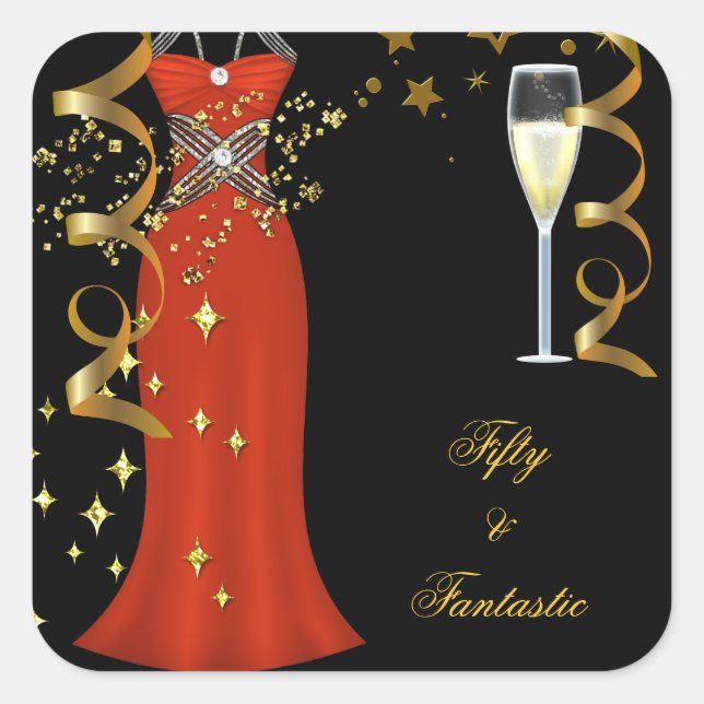 50 Fantastische Red Dress Black Gold Sticker SQ (Vorderseite)