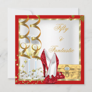 50 & Fantastische Rot-Weiß-Gold-Geburtstagsfeier Einladung