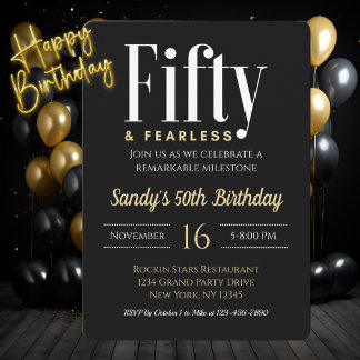 50 & Fearless Geburtstag Elegant Modernes Schwarze Einladung