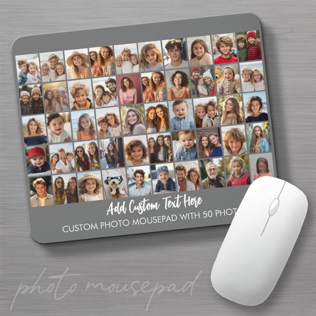 50-Foto-Collage-Raster - Skripttext - grau Mousepad (Create a custom photo mousepad - makes a great great for family and friends!)