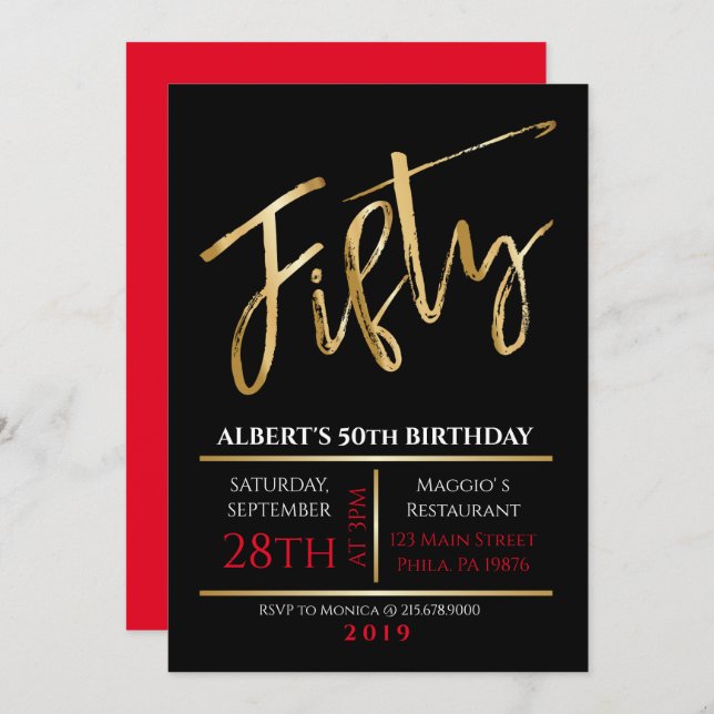 50. Fünfzigste Geburtstagsgoldschwarze Party Einla Einladung (Vorne/Hinten)