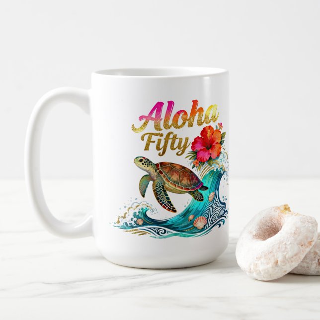 50. Fünfzigster Geburtstag Tropischer Ozean Strand Kaffeetasse (Mit Donut)