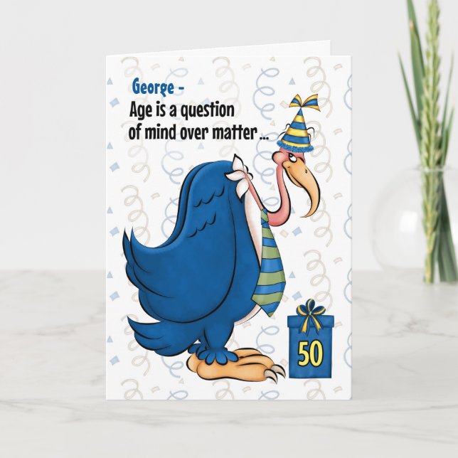 50. Funny Birthday Blue Buzzard mit Namen Karte (Vorderseite)