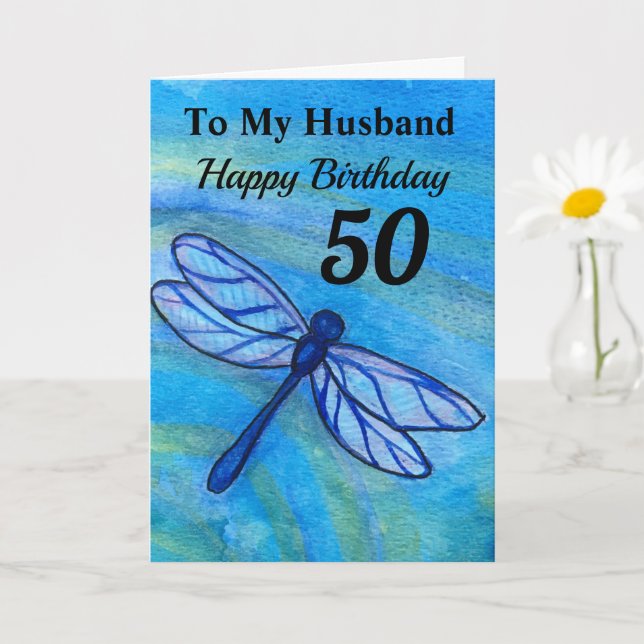 50. für meinen Mann Blue Dragonfly Geburtstag Karte (Kleine Pflanze)