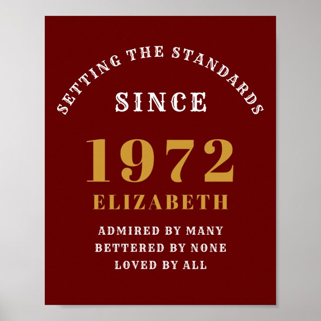 50. Geburtstag 1972 Eleganter Red Gold Chic Poster (Vorne)