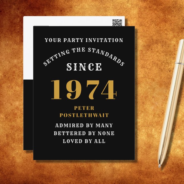 50. Geburtstag 1974 Schwarzes Gold Einladung Postkarte (Elegant Black and Gold 50th Birthday Invitation - Create Your Own Personalized Design. )