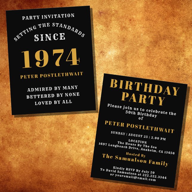 50. Geburtstag 1974 Schwarzes Gold Personalisiert  Flyer (Elegant Black and Gold 50th Birthday Invitation - Create Your Own Personalized Design.)