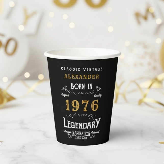 50. Geburtstag 1976 Legendäre Retro Pappbecher (1976 birthday black paper cup on white and gold background.)