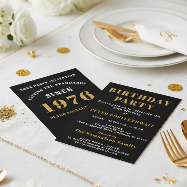 50. Geburtstag 1976 Schwarzes Gold Personalisiert  Einladung (1976 invitation. White background.)