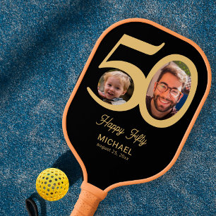 50. Geburtstag Andenken schwarz Gold 2 Fotos Name Pickleball Schläger
