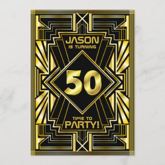 50. Geburtstag Art Deco Gold Black Great Gatsby Einladung