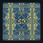 50. Geburtstag Art Deco Gold Blue Great Gatsby Quadratische Wanduhr<br><div class="desc">Feiern Sie Ihren Geburtstag mit diesem einzigartigen Art-Déco-Stil,  einem großartigen Gatsby-inspiriert Design mit geometrischen Formen in hellen goldfarbenen Farben und dunkelblauem Hintergrund. Ein elegantes,  elegantes,  geschlechtsneutrales Aussehen,  das perfekt zum Gedenken an diesen besonderen Geburtstag mit dem Jazz-Geschmack der Roaring Zwanziger passt.</div>
