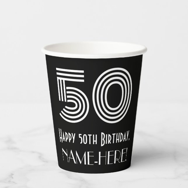 50. Geburtstag — Art Deco Inspiriert Aussehen "50" Pappbecher (Rückseite)