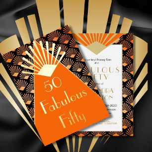 50. Geburtstag Art Deco Orange Schwarz Gold Folieneinladung