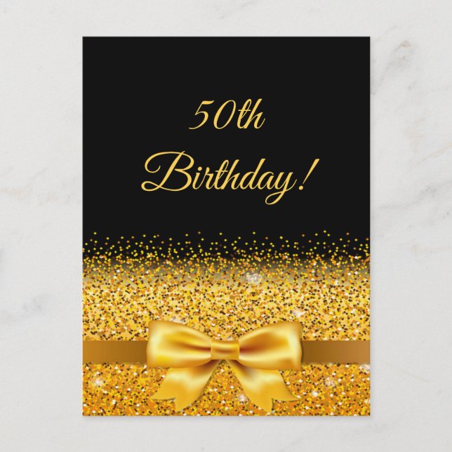 50. Geburtstag auf schwarz mit Goldbogen-Einladung Postkarte (Vorderseite)