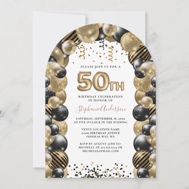 50. Geburtstag Ballon Gold Black Sparkle Einladung (Vorderseite)