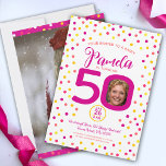 50. Geburtstag benutzerdefinierte Fotos rosa gelbe Einladung<br><div class="desc">Helle bunt Konfetti zufällige Punkte Geburtstag 50. Überraschung Party Einladungen. In dunkelrosa, rot, korallenrot, goldgelb und gelb auf weiß. Fügen Sie Ihr eigenes Geburtstagsmädchen's Foto in der Mitte der 0 in 50 und ein volles Foto auf der Rückseite (ideal für ein Jetzt und dann Foto Gelegenheit), anpassen Sie mit Ihrem...</div>