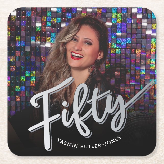 50. Geburtstag benutzerdefiniertes Foto Silberfarb Rechteckiger Pappuntersetzer (Vorderseite)