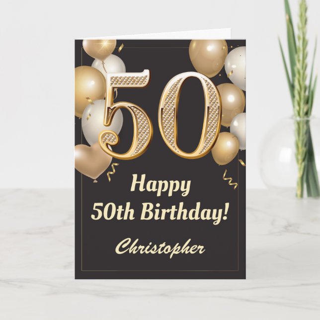 50. Geburtstag Black and Gold Balloons Confetti Karte (Vorderseite)