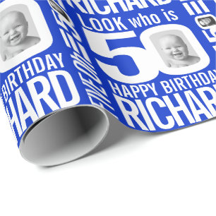 50. Geburtstag blau aussehen 50 Foto-Name Geschenkpapier