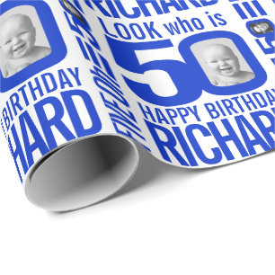 50. Geburtstag blau aussehen 50 Foto-Name Geschenkpapier