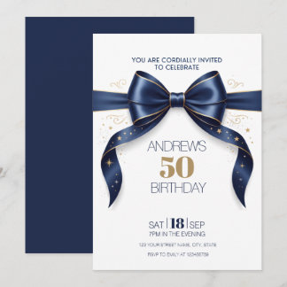 50. Geburtstag Blau Gold Schleife Elegant Klassisc Einladung