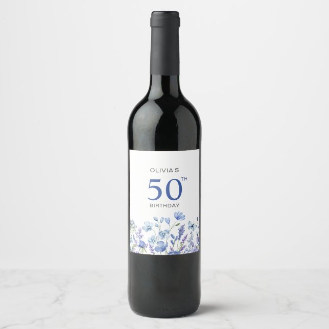 50. Geburtstag Blaue Flora Weinetikett (Vorderseite)
