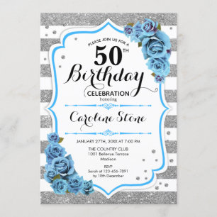 50. Geburtstag - Blaue, silberne Streifen Einladung