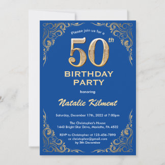 50. Geburtstag Blue and Gold Glitzer Frame Einladung
