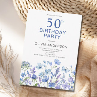 50. Geburtstag Blue Floral Botanical Einladung