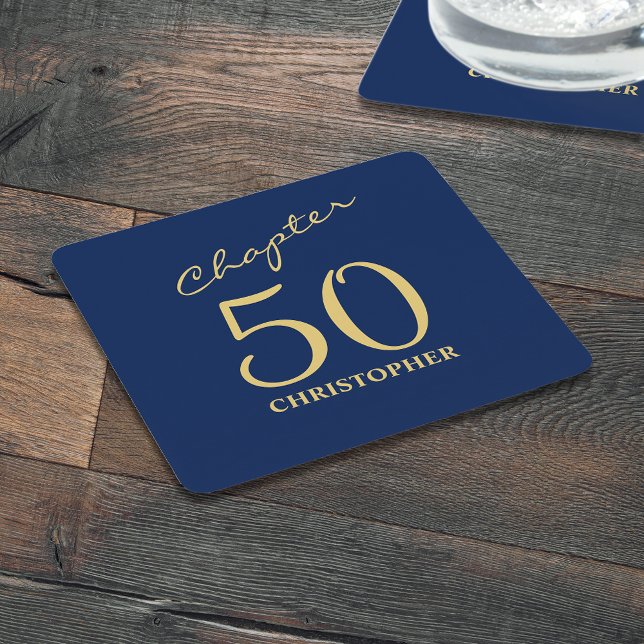 50. Geburtstag Blue Gold Kapitel 50 Rechteckiger Pappuntersetzer (Personalized 50 birthday paper coasters. Blue and gold unique design.)