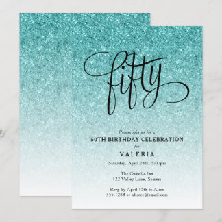 50. Geburtstag Blue Ombre Glitzer Einladung