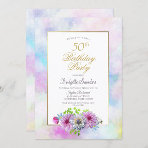 50. Geburtstag Blue Pink Floral Gold Pastel Border Einladung