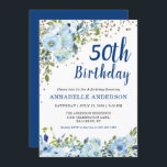 50. Geburtstag Blumennagel Blue Gold Glitzer Dots Einladung<br><div class="desc">50. Geburtstag Navy Blue Script Floral Aquarell Gold Confetti Glitzer Dots Einladung Das Design bietet schöne Aquarellblau und grüne Blumen.</div>