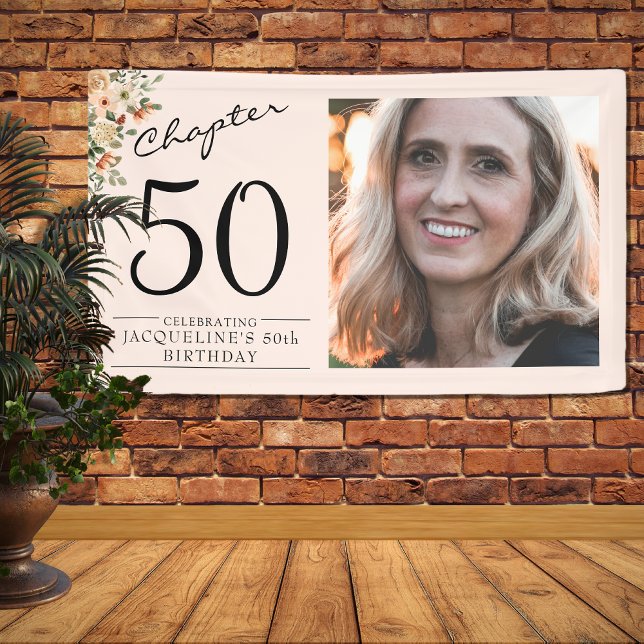 50. Geburtstag Blumenrosa Foto Banner (Unique 50th birthday floral banner. Easily personalized with your details and favorite photo.)