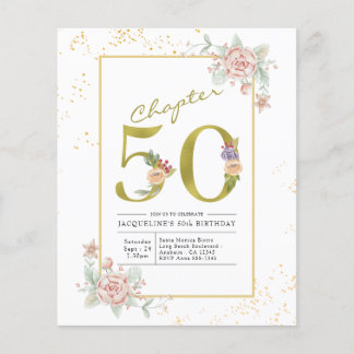 50. Geburtstag Blumenschrift Gold-Script-Einladung Flyer