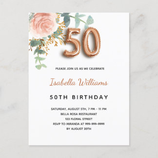 50. Geburtstag Blumenstrauß Rose Goldbarsch Eukaly Einladungspostkarte