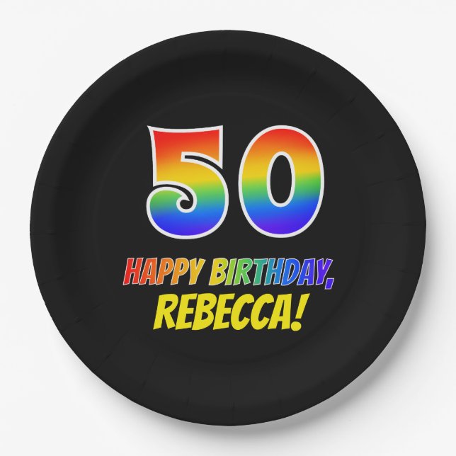 50. Geburtstag: Bold, Fun, Simple, Rainbow 50 Pappteller (Vorderseite)