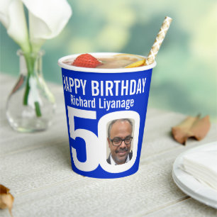 50. Geburtstag Brauch zwei Foto blau weiß Pappbecher