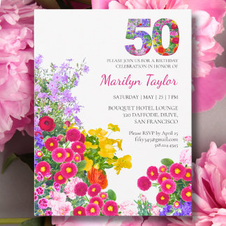 50. Geburtstag Bunte Blumen 50 Gartenparty Einladungspostkarte