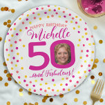 50. Geburtstag buntes pinkfarbenes, gelbes Konfett Pappteller<br><div class="desc">Helle bunte Konfetti zufällige Punkte Geburtstag 50. und fabelhafte Party Teller. Rosa, Korallen, Rosa, Rot, Gelb und Gelb. Fügen Sie Ihr eigenes Geburtstagsmädchen Foto in der Mitte der 0 in 50 und anpassen Sie mit Ihrem eigenen 50 Geburtstag Datum und Party Glückwunsch Worte. Aktuell liest Happy Birthday Michelle 50 ......</div>