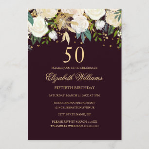50. Geburtstag Burgund Gold Floral Einladung