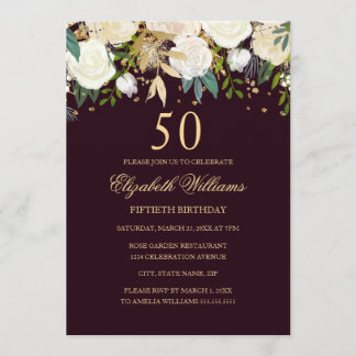50. Geburtstag Burgund Gold Floral Einladung