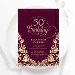50. Geburtstag Burgund Gold Rose Einladung<br><div class="desc">Burgund Gold elegante 50. Geburtstagsfeier Einladung. Klassisches Design mit Rose,  Imitaten Goldfolie und Typografie Script Schriftart. Die trendige Einladungskarte eignet sich perfekt für eine stilvolle Damenfeier. Personalisieren Sie Ihre persönlichen Daten. Kann für jedes Alter angepasst werden. Gedruckte Zazzle-Einladungen oder Sofortdownload digitaler Druckvorlage.</div>