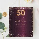 50. Geburtstag burgundische Rose Goldeinladung<br><div class="desc">Für einen eleganten 50. Geburtstag. Eine burgundische Hintergrundfarbe. Dekoriert mit Rosengold faux glänzender Staub. Personalisieren und fügen Sie einen Namen und Party-Details hinzu. Der Name wird mit einem handgeschriebenen Stilskript geschrieben. 1 Blatt = 1 Einladung mit Druckkante bis Kante.</div>