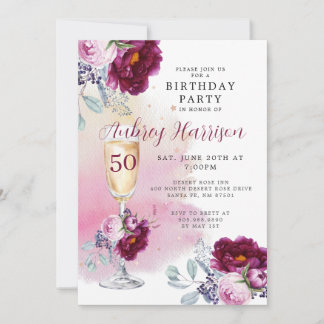 50. Geburtstag Champagner Glass Floral Geburtstag Einladung