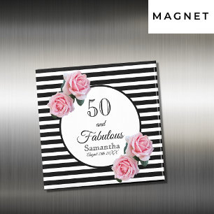 50. Geburtstag chic rosa Rosen Schwarz-weiße Strei Magnet